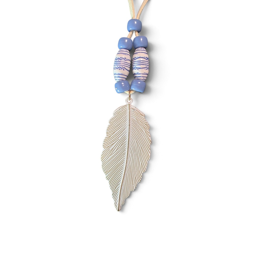 Boho Blue Beaded Feather Pendant Long Cord Necklace white and Gold Tone Tribal - Picture 7 of 11